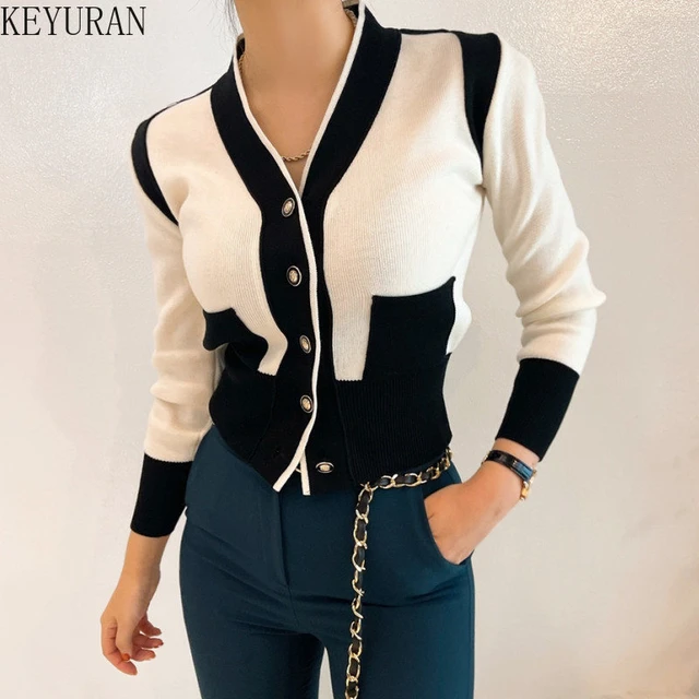 Black White Korean Style Cropped Cardigan Women 2022 Spring Vintage Long  Sleeve Sweater Jacket Elegant Crew Neck Knitted Tops - AliExpress