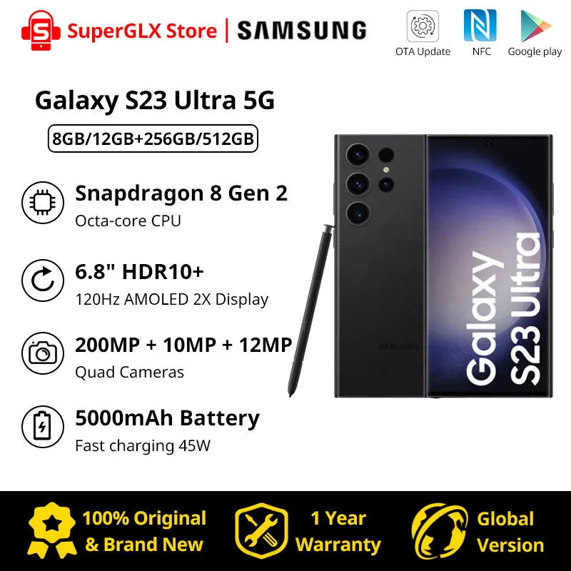 Nuovo Telefono Cellulare Samsung Galaxy S23 Ultra 5G 256Gb/512Gb Snapdragon 8 Gen 2 120Hz Amoled 2X Display Android13 45W Ricarica Rapida