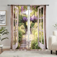 2pcs Wisteria Garden Window Printed Curtain-UV Resistant and Heat Insulated, Suitable for Rod Through Curtains in Various Rooms 1