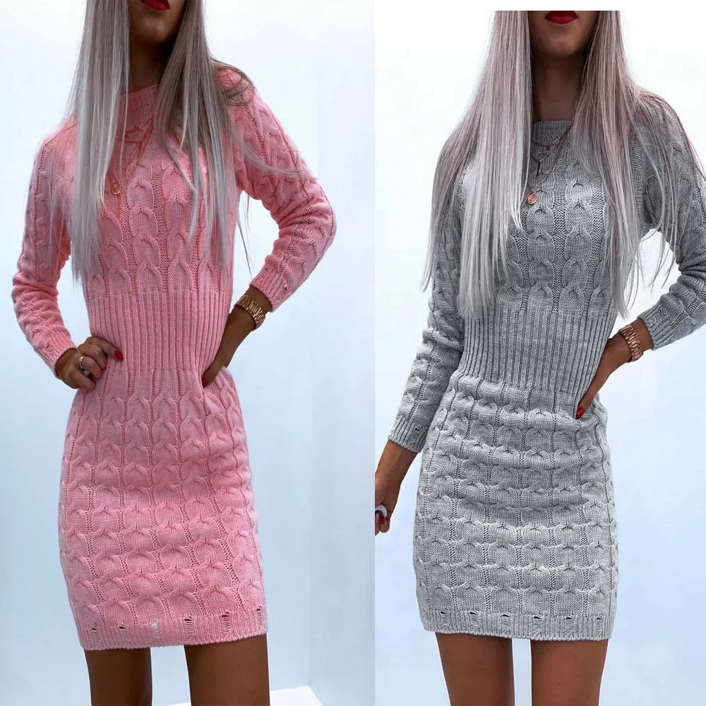 

Women Winter Autumn Solid Color Knitted Mini Dresses O-Neck Long Sleeve Mid Waist Ladies Fashion Elegant Pullovers Pencil Dress