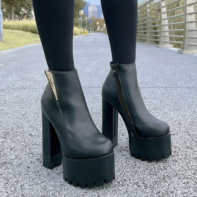 Ankle Boots Chunky Heel Shoes Black Brookes Black Double Platform