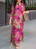 ZANZEA 2025 Fashion Floral Print Maxi Dress Woman 3/4 Sleeve Slit Hem Pure Cotton Collared Shirtdress Casual Commuting Vestidos