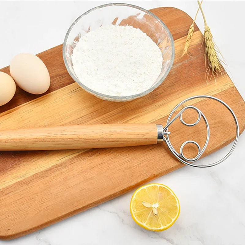 Dough Whisk Danish Stainless Steel Dutch Style Bread Dough Hand Mixer Wooden Handle Kitchen Baking Tools Pastry Blender