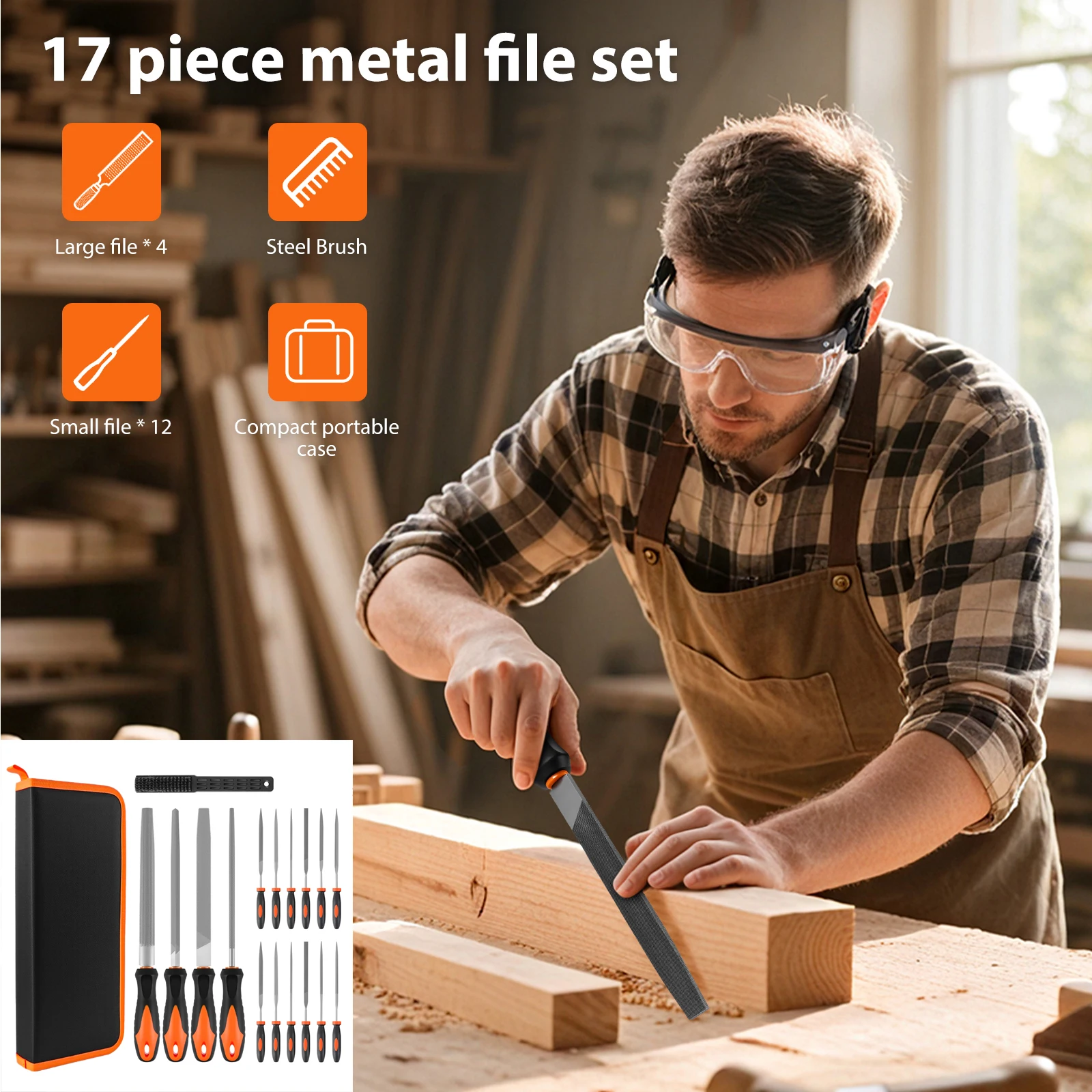 17pc Metal File Set Premium Metal Files Engineers Flat Half Round Square Triangular Needle Soft Grip