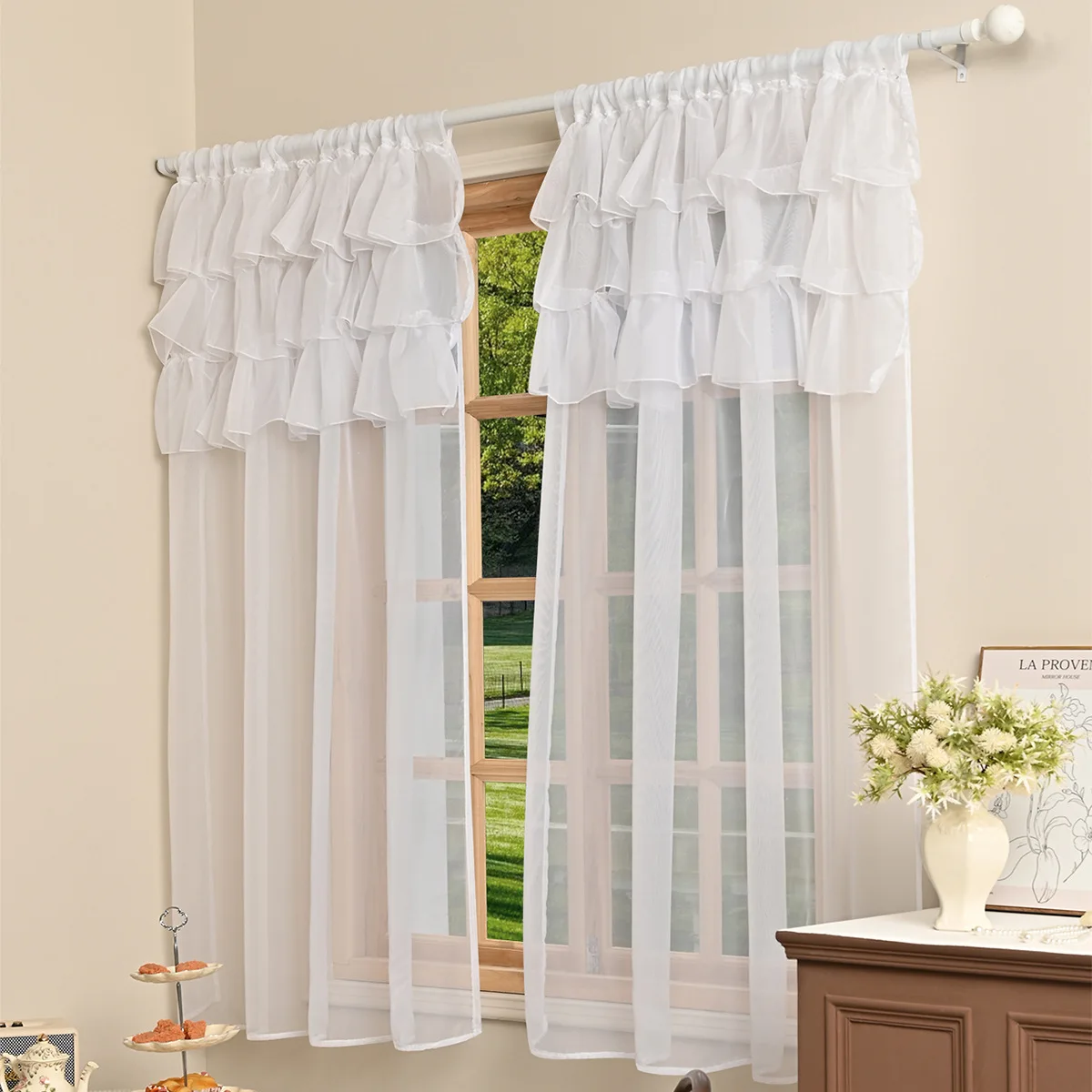 1pc Solid Colour 3 Laces Sheer Curain, Lace Curtains for Living Room, Bedroom