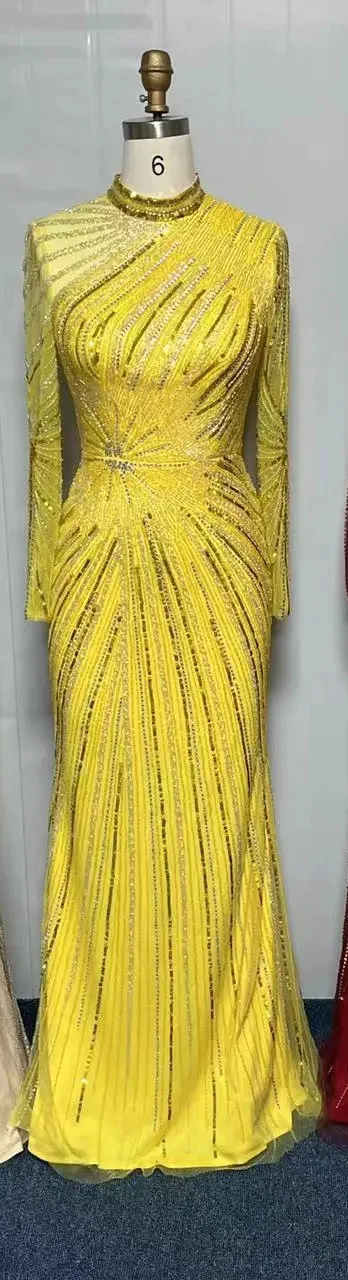 فساتين سهرة إسلامية أنيقة بحورية البحر باللون الأص...