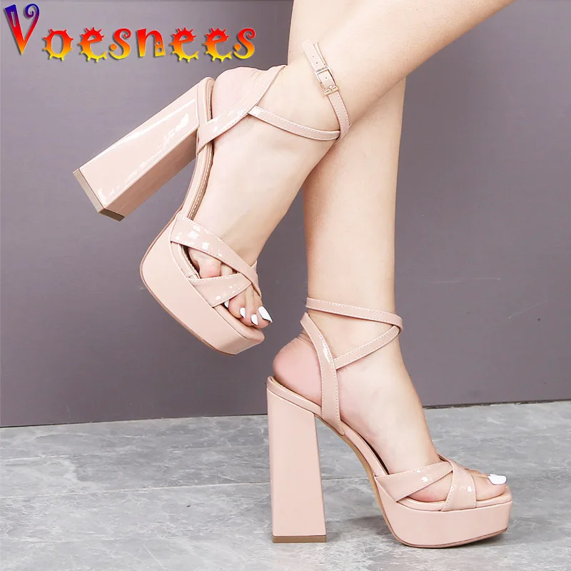 

Women Sandal Summer Everyday Fashion Cross Vamp Sexy Lady Shoes 13CM Ultra High Heels Patent Leather Platform Buckle Strap Pumps