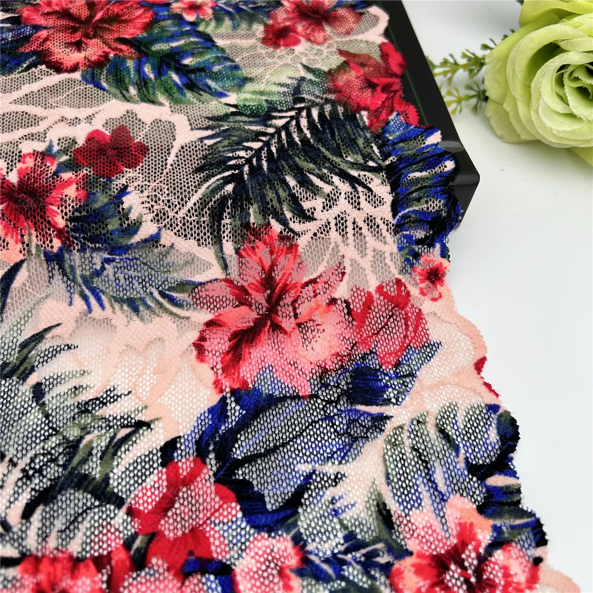 3y/lot W 23cm Printed Red Flower And Leaf Elastic Stretch Lace Trim Skirt Hem Underwear Sewing Craft DIY Lingerie Fabrics Lace 2