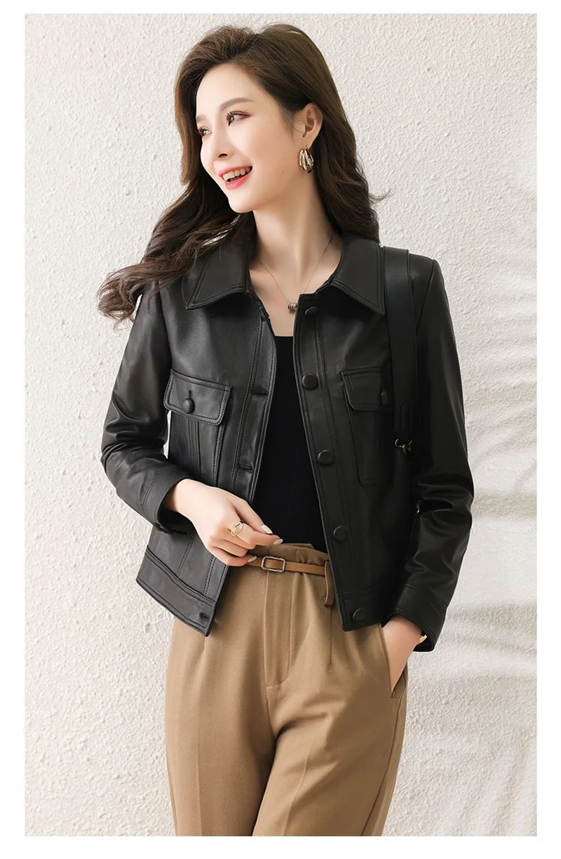 Lapel PU Leather Jacket Women 2024Spring Autumn New Coat Fashion Locomotive Goddess Overcoat High Quality Short Outerwear Female
