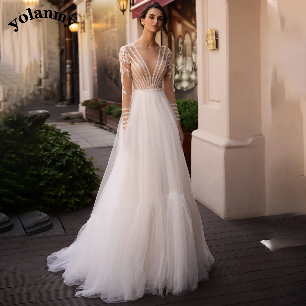 

YOLANMY Classic A-Line Wedding Dresses For Mariages Court Train Button Tulle Full Sleeve Illusion O-Neck Appliques Custom Made
