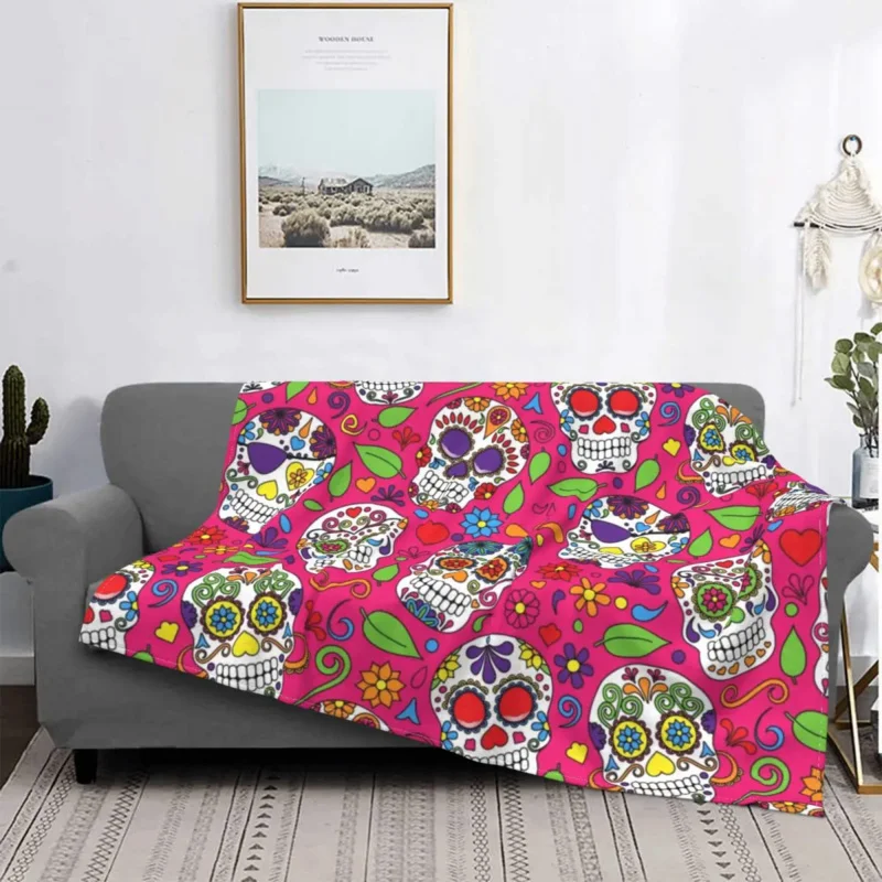 

Sofa Fleece Colorful Sugar Skull Flower Pink Pattern Throw Blanket Warm Flannel Day of the Dead Blankets for Bedding Couch Quilt