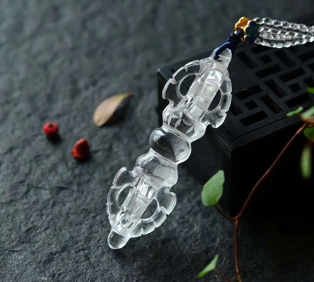 Natural Clear Crystal Quartz Rock Stone Carved Vajra Dorje Phurpa Dagger Pendant 3