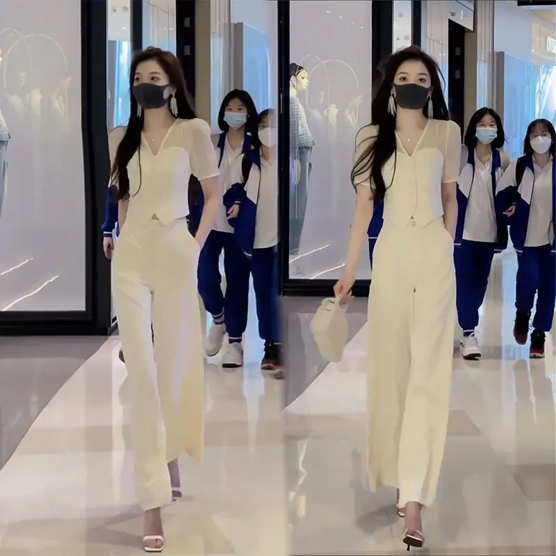 2023 Summer New Sweet Fashion Short Shirt Set Women's High Waist Straight Leg Wide Leg Pants Shirt Two Piece Set