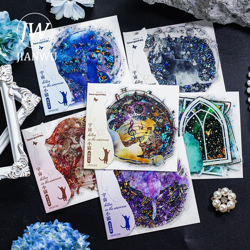 

JIANWU 5 Sheets Cosmic Cat Series Vintage Shell Light Material Decor PET Sticker Creative DIY Journal Collage Stationery