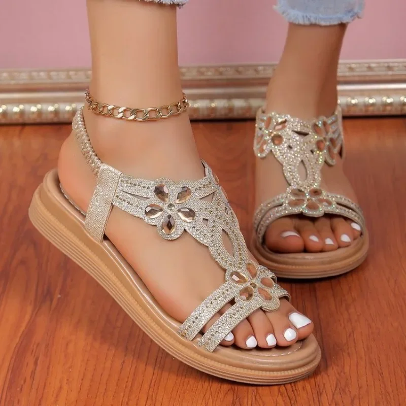 

Rhinestones Sandals For Women With Elastic Ankle Strap Bohemian Beach Shoes Fashion Crystal Floral Casual Open Toe Shoes