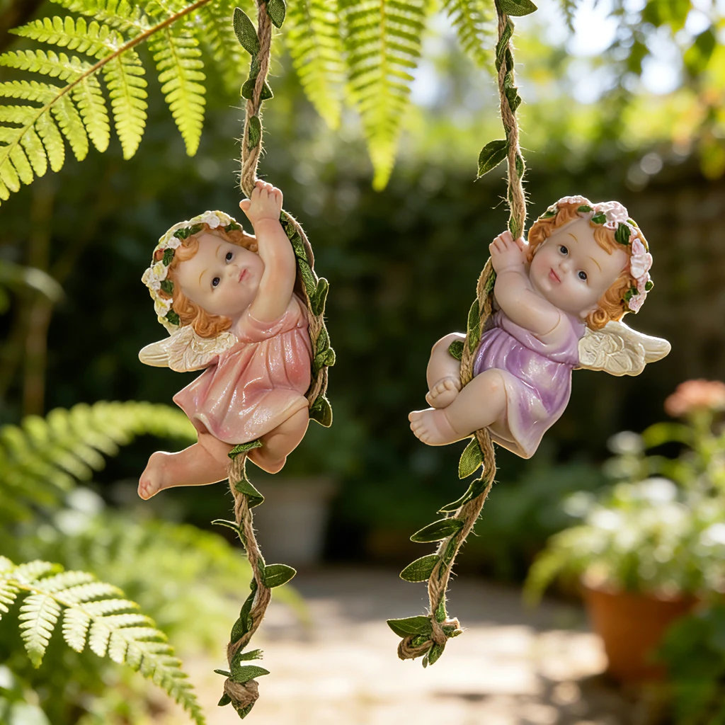 Garden Hanging Angel Figurine - Charming Fairy Cherub on Swing - Outdoor Decor Statue Gift