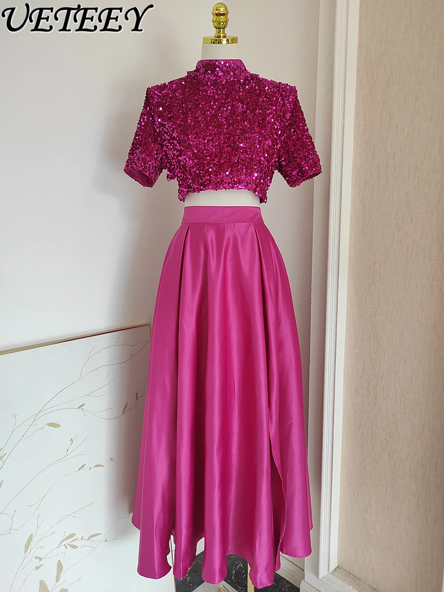 

French Style Temperament Velvet Sequined Bow Backless Ribbon T-shirt and High Waist Slit Skirt Two-Piece Overskirt Suit