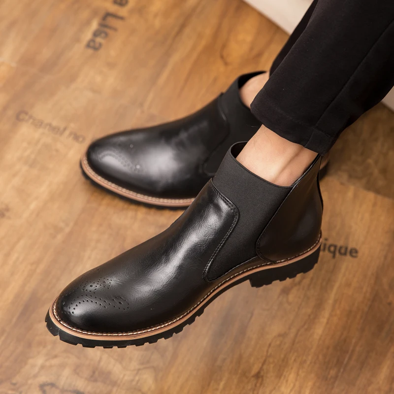 Men's Chelsea Boots Anti Slip Waterproof Ankle Spring and Autumn Brocue Fashion Microfiber Leather Shoes Large 46 Zapatos Hombre men chelsea boots