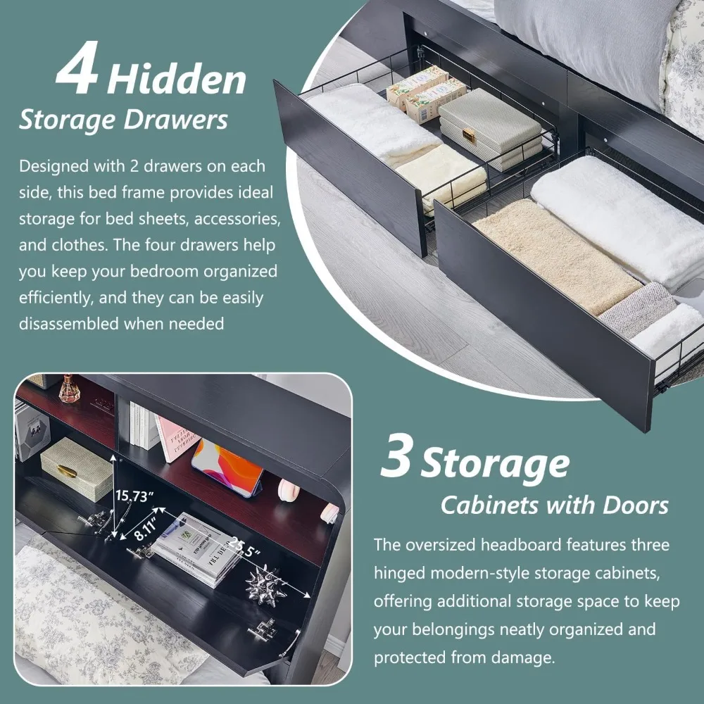 King Size Wood Bed Frame with 50" Tall Storage Headboard, LED King Size Platform Bed Frame w/4 Drawers, Charging Station 5