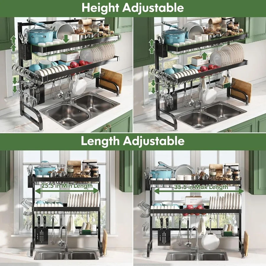 3 Tier Extra Large Stainless Steel Expandable Over The Sink Dish Drainer Drying Rack Rust Proof Metal Space Saving Modern Black