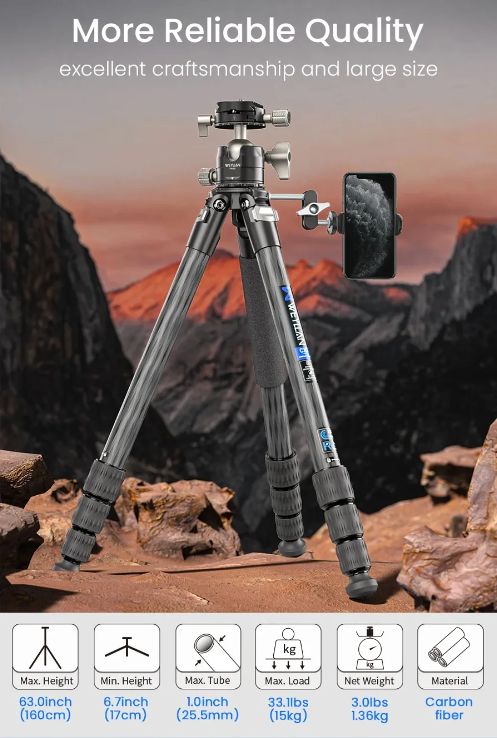 CX5 Carbon Fiber Lightweight Travel Tripod Professional DSLR Camera Tripod For F