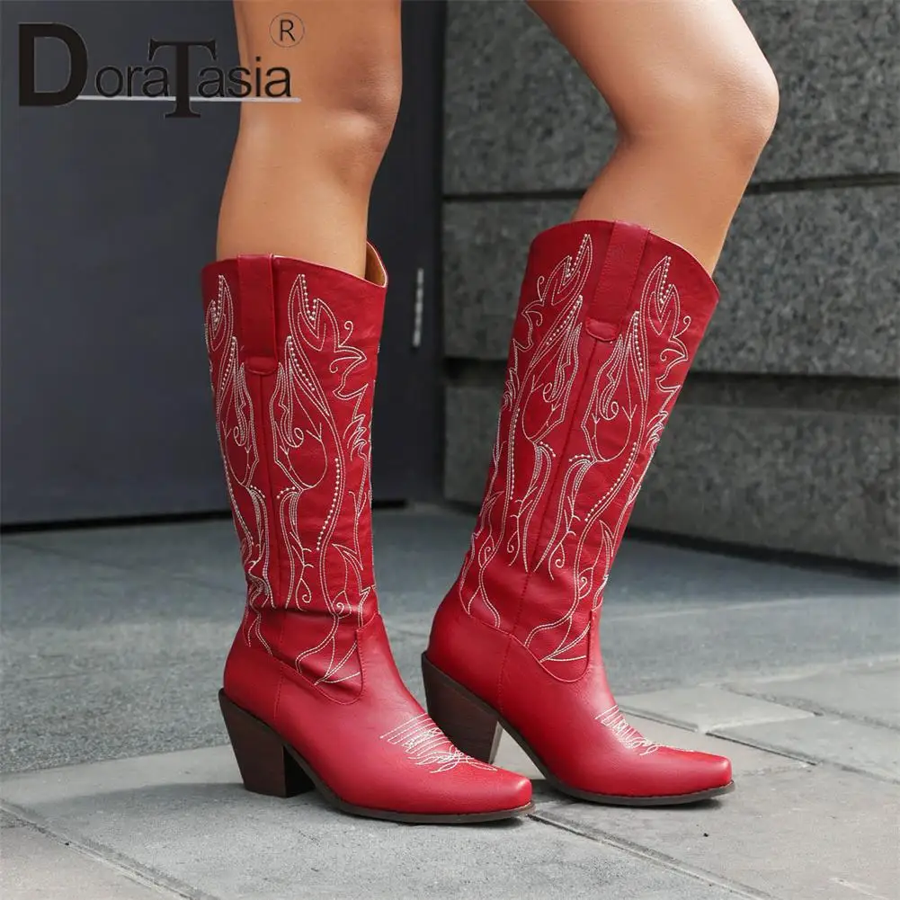 Big Size 43 New Ladies Chunky High Heels Mid-Calf Cowgirl Boots Fashion Embroider women's Cowboy Boots Vintage Shoes Woman