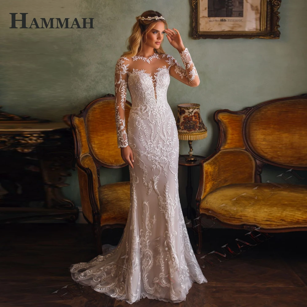 

HAMMAH Trumpet O Neck Appliques Wedding Dresses For Bride Long Sleeve Illusion With Button Court Train Robe De Soirée De Mariage