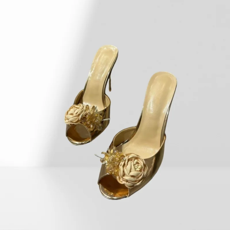 Golden Pointed Peep Toe Thin Heels Spring New Women Slippers Rose Crystals Decor Heels Elegant Banquet Dress Lady Shoes