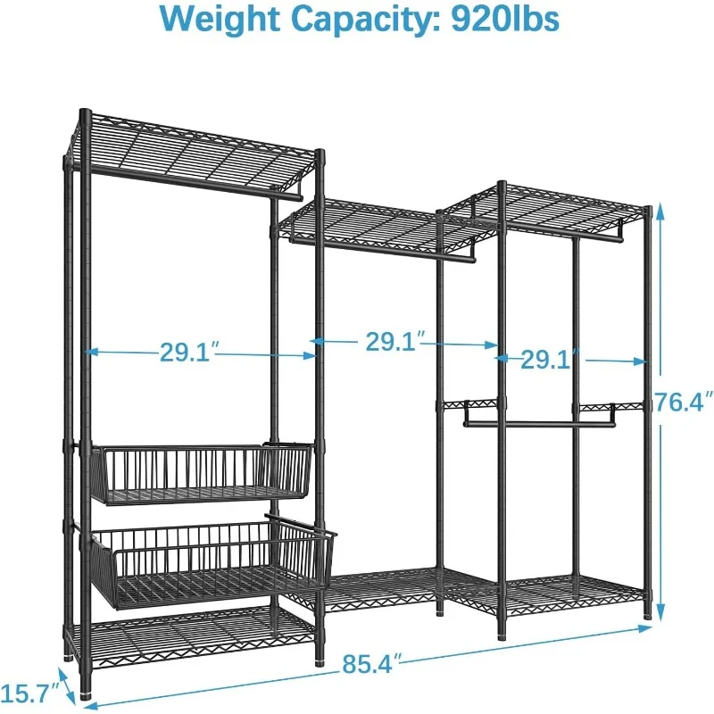 Wire Garment Rack 5 Tiers Heavy Duty Clothes Rack with Hanging Rods,Wire Shelves&2 Slid Storage Baskets,Large Size Clothing Rack images - 6