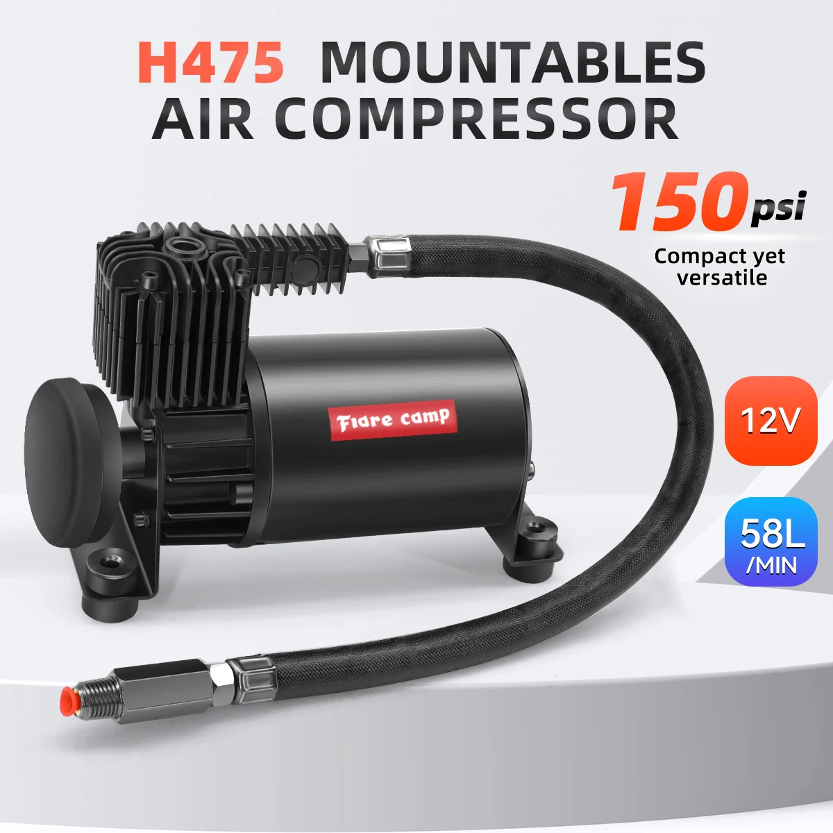 Air Ride Suspension Compressor 12V 150PSI/2.03CFM ป้องกันความร้อน,Heavy-Duty ปั๊มสําหรับ Air ถัง, กระเป๋า & Air Horns สีดํา H475 1