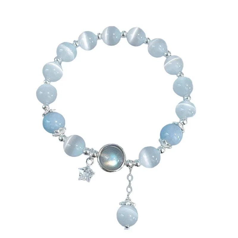 Exquisite Opal Moonstone Crystal Blue Treasure Bracelet Women Temperament Geometric Metal Chain Beads Bracelet Гагат Натуральный