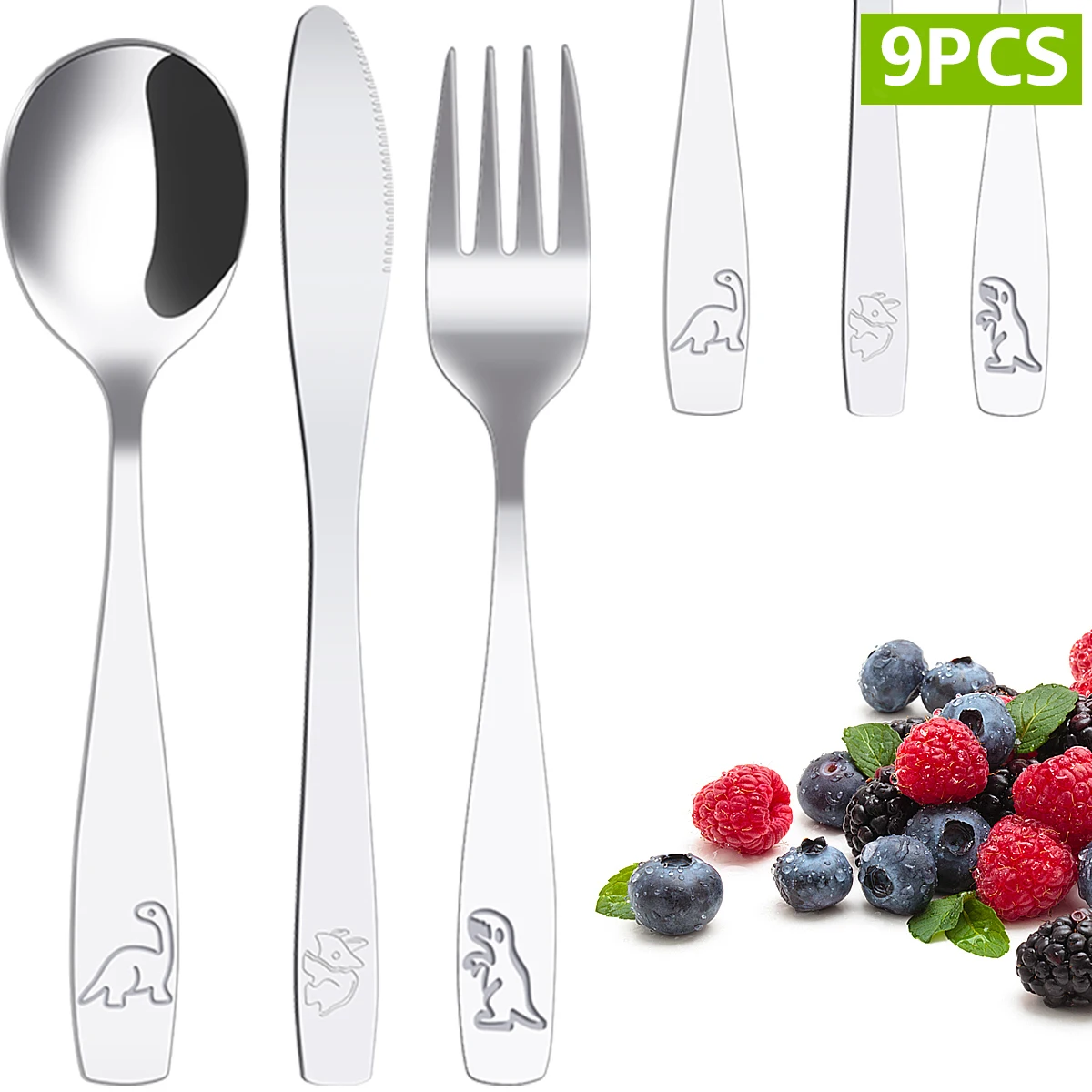 Aço inoxidável Dinosaur Bear Smooth Tableware Set para crianças, garfo colher e faca, prataria de criança segura, lava-louças, 10 pcs, 9 pcs