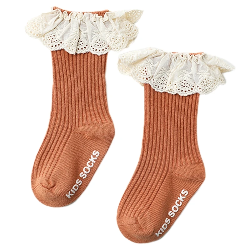

Toddler Infant Baby Girls Knee High Socks with Grips Ruffled Lace Ribbed Knit Solid Color Non-Skid Cotton Long Stockings