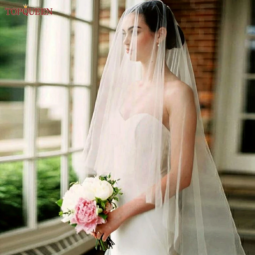 TOPQUEEN Eleganter einfacher 2-lagiger Brautschleier mit Rouge-Hochzeitsschleier, Braut- und Hochzeitsaccessoires, anpassbar V131 – Detail 11