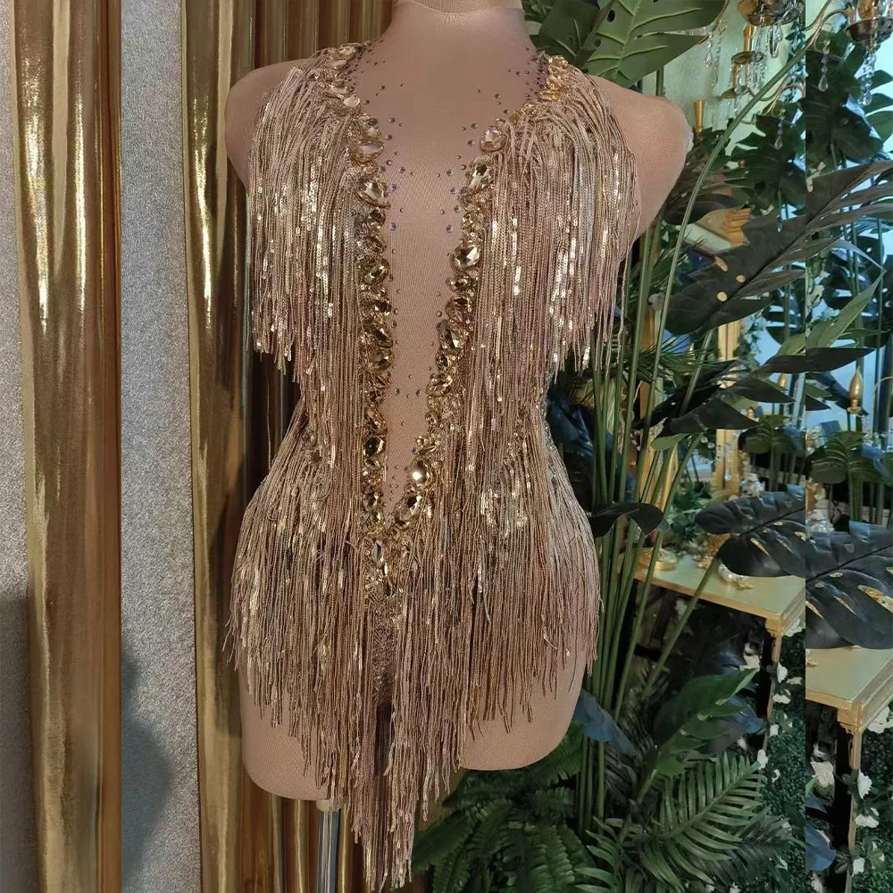

Sexy Stage Wear Dancer Party Birthday Nightclub Performance Bodysuit Women Sparkly Rhinestones Fringes Leotard Tassel Bodysuit