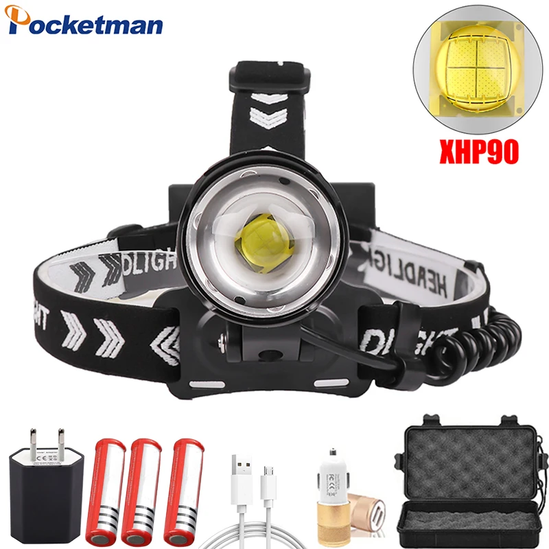 

Super Powerful XHP90 LED Headlamp USB Rechargeable Headlight with Warning Red Light Waterproof Head Light Use 18650 Battery