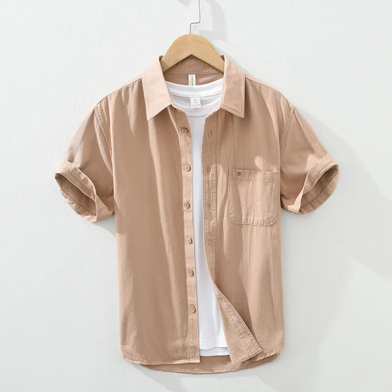 Yellow Short Sleeve Shirt for Men Cotton Button Up Shirts Summer Patch Pockets Embroidery Casual Tops Male Solid Clothing