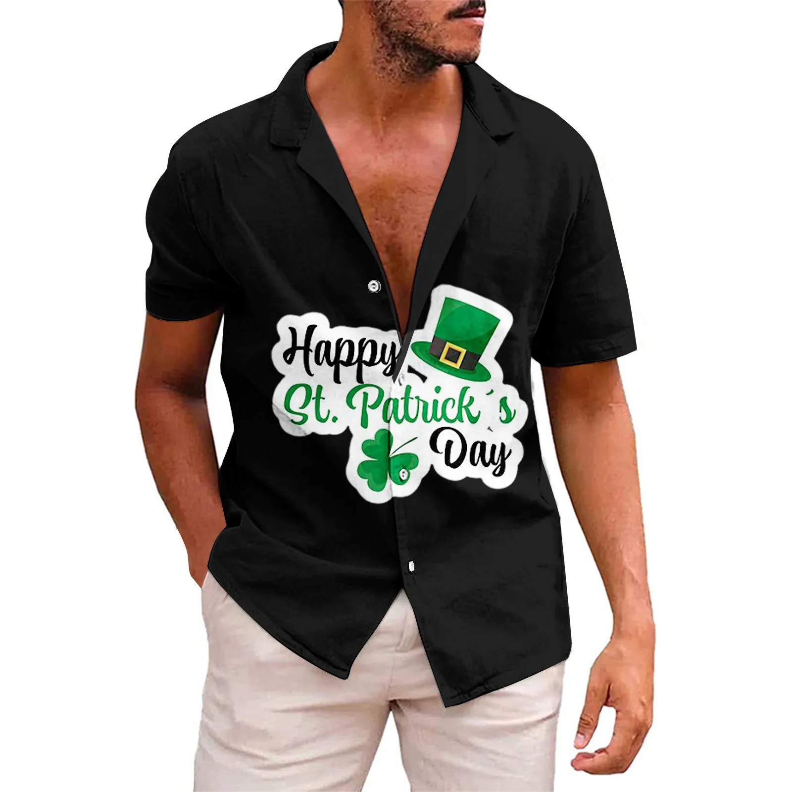 

Men's Fashion 3D Digital Print Solid Color Short Sleeve Personality Lapel Loose Casual Shirt Button Fashion Shirts Tops