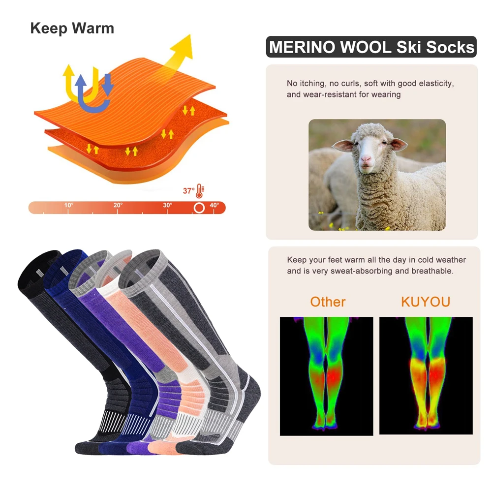 1Pair Merino Wool Ski Socks, Cold Weather Socks for Snowboarding, Snow, Winter, Thermal Knee-high Warm Socks, Hunting