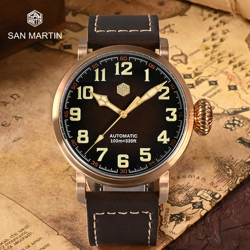 

San Martin 45mm CuSn8 Bronze Pilot Men Watch YN55A Automatic Mechanical Vintage Military Simple Style Sapphire Waterproof 10Bar