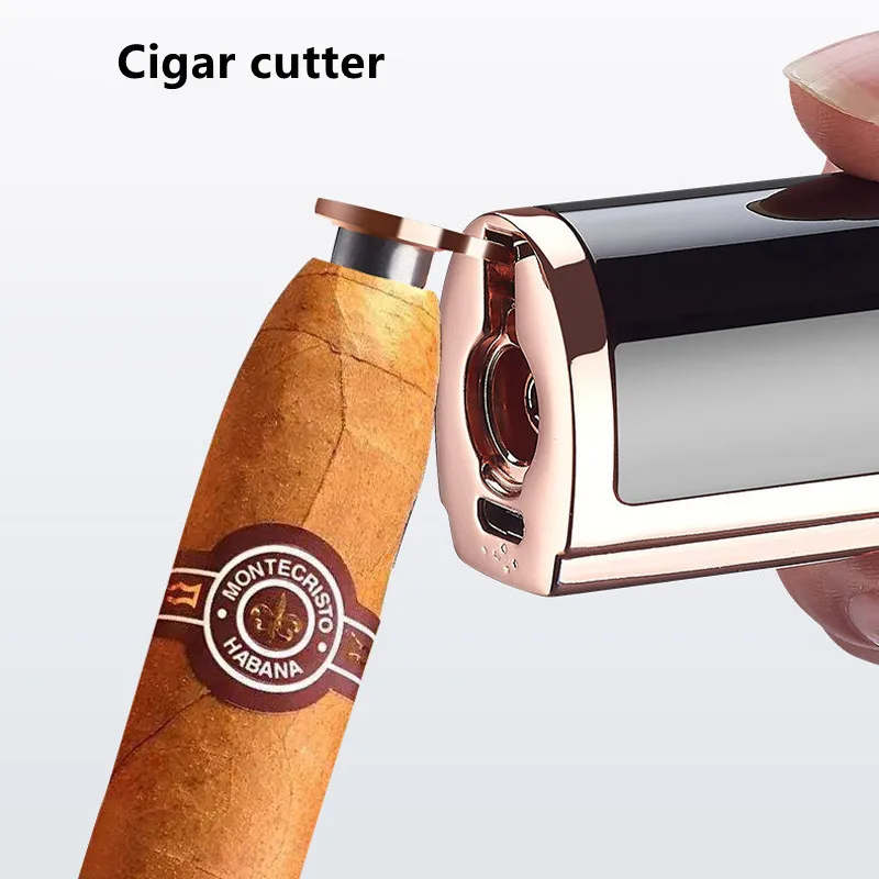 New Touch Sensing Metal Outdoor Windproof Electric USB Lighter Turbo Three Torch Jet Power Display Cigar Lighter Cigar Tool