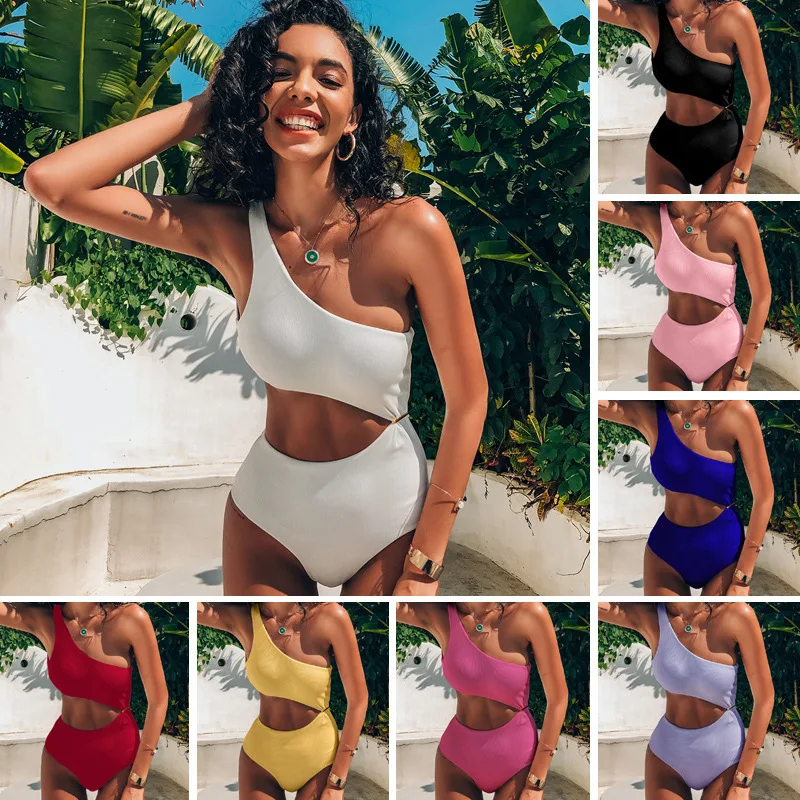 

2023 New Sloping Shoulder Swimsuit Woman One-piece Sexy Backless Swimsuit Solid Color High Waist Beachwear