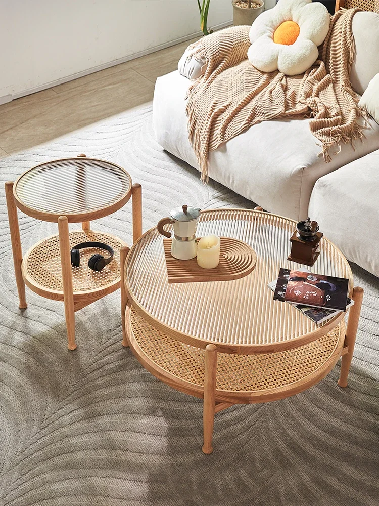 

Vine woven solid wood circular combination Nordic living room minimalist glass tea table, household small unit edge table