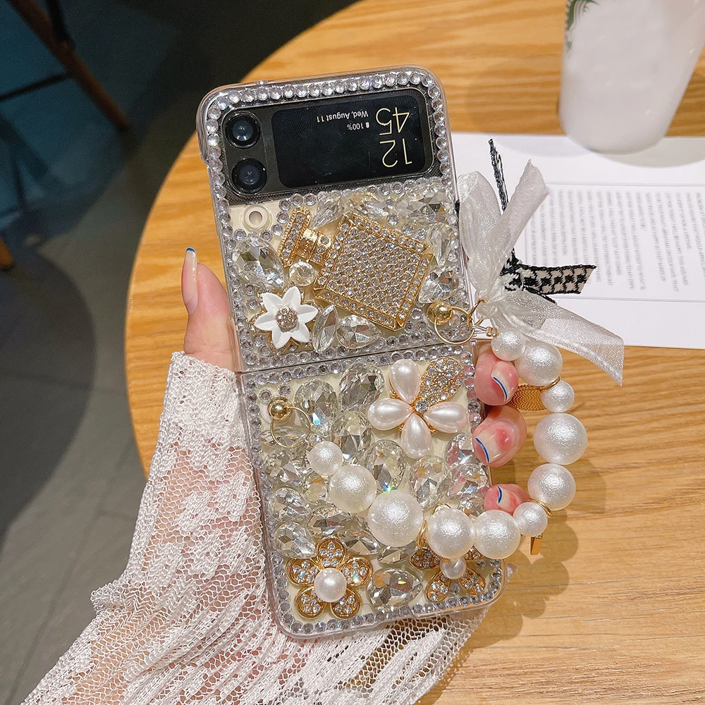 

Роскошный блестящий чехол со стразами для телефона Samsung Galaxy Z Flip 4 3, прозрачный жесткий чехол с портативным жемчужным браслетом и ремешком через плечо