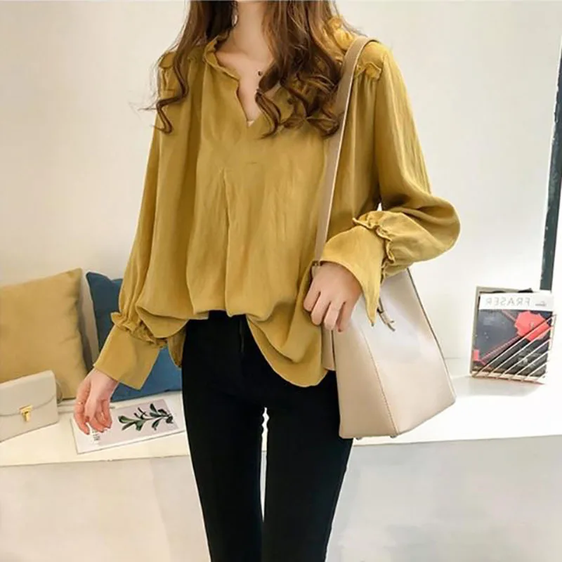 Fashion V-Neck Loose Ruffles Folds Irregular Blouse Female Clothing 2023 Autumn Winter New Oversized Casual Tops Korean Shirt