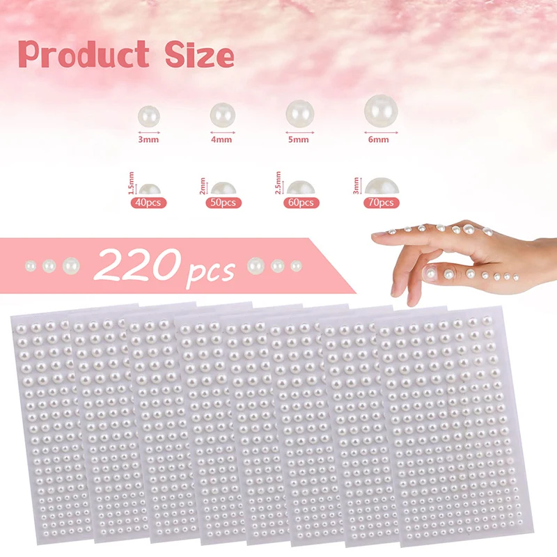 220pcs/Sheet Mix 3mm/4mm/5mm/6mm Hair Pearls Stick On Self Adhesive Pearls Stickers Face Pearls Stickers for Hair Face Makeup 2