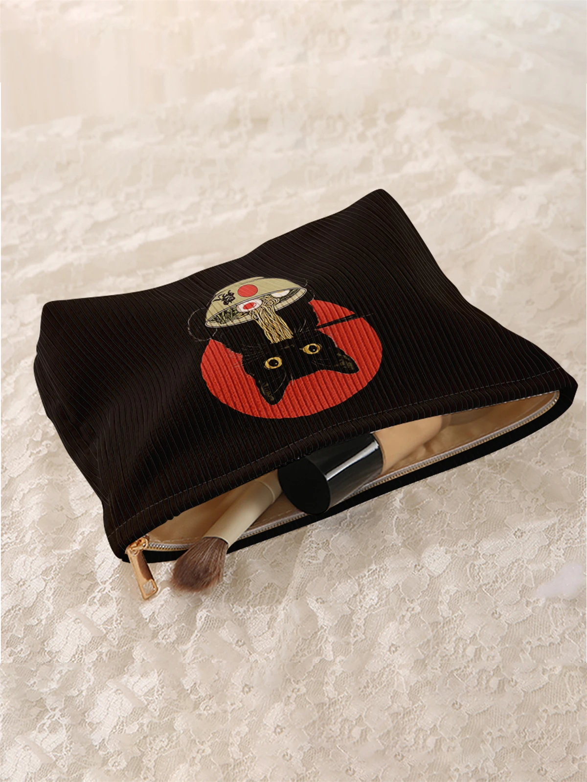 1 black cat pattern printed corduroy makeup bag, lightweight zipper makeup storage box, multifunctional bag with lining