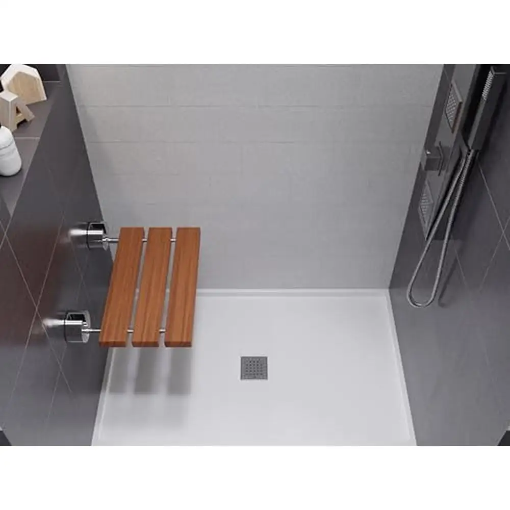 Teak Wood Wall Mounted Folding Shower Seat Non-Slip Brushed Nickel SSP-D-7 Rust-Resistant Aluminum 390lb Capacity ADA Compliant 5