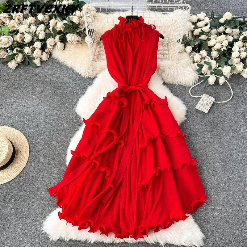 

2024 New Miyake Pleated Elegant Dress For Women's Ruffles Stand Collar Sleeveless Lace Up Belt A-Line Dress Fashion Clothing