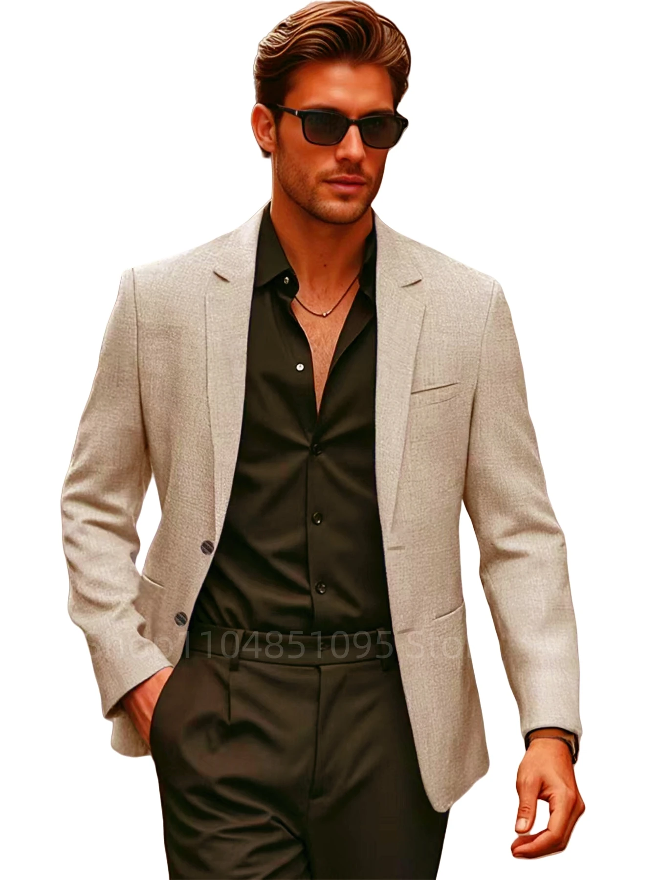 Beige/Blue Men Suit Linen Blazers Business Casual Suit Jacket Summer Coats New Spring Formal Wear Slim Fit Notch Lapel Blazers